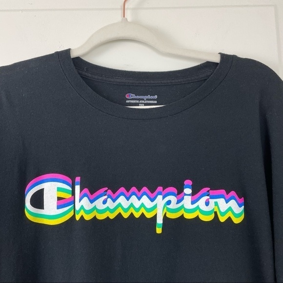 Champion Black Long Sleeve Tee W/ Multi Colored Script Logo Size 2XL - Picture 3 of 9